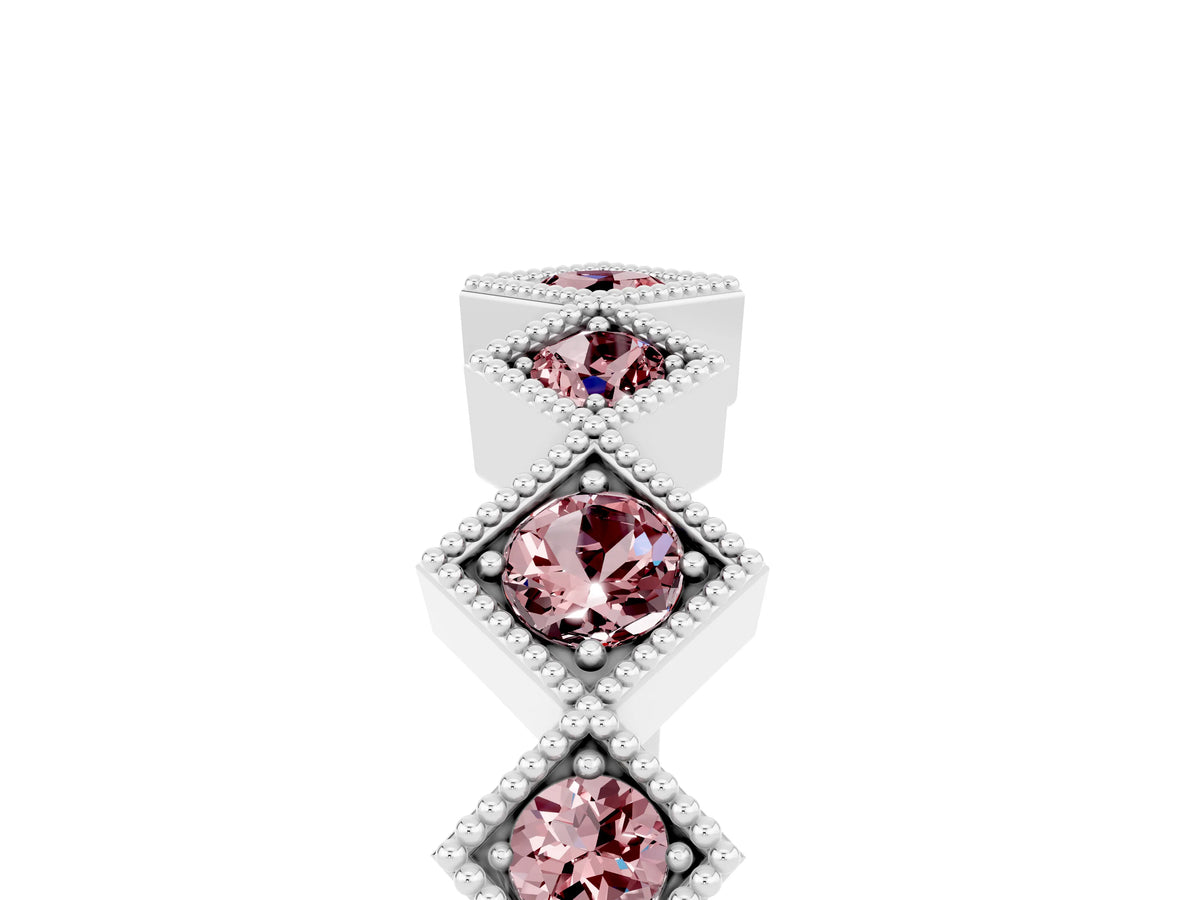 Round Morganite Square Bezel Chevron Band in Silver with Milgrain Detailing_5