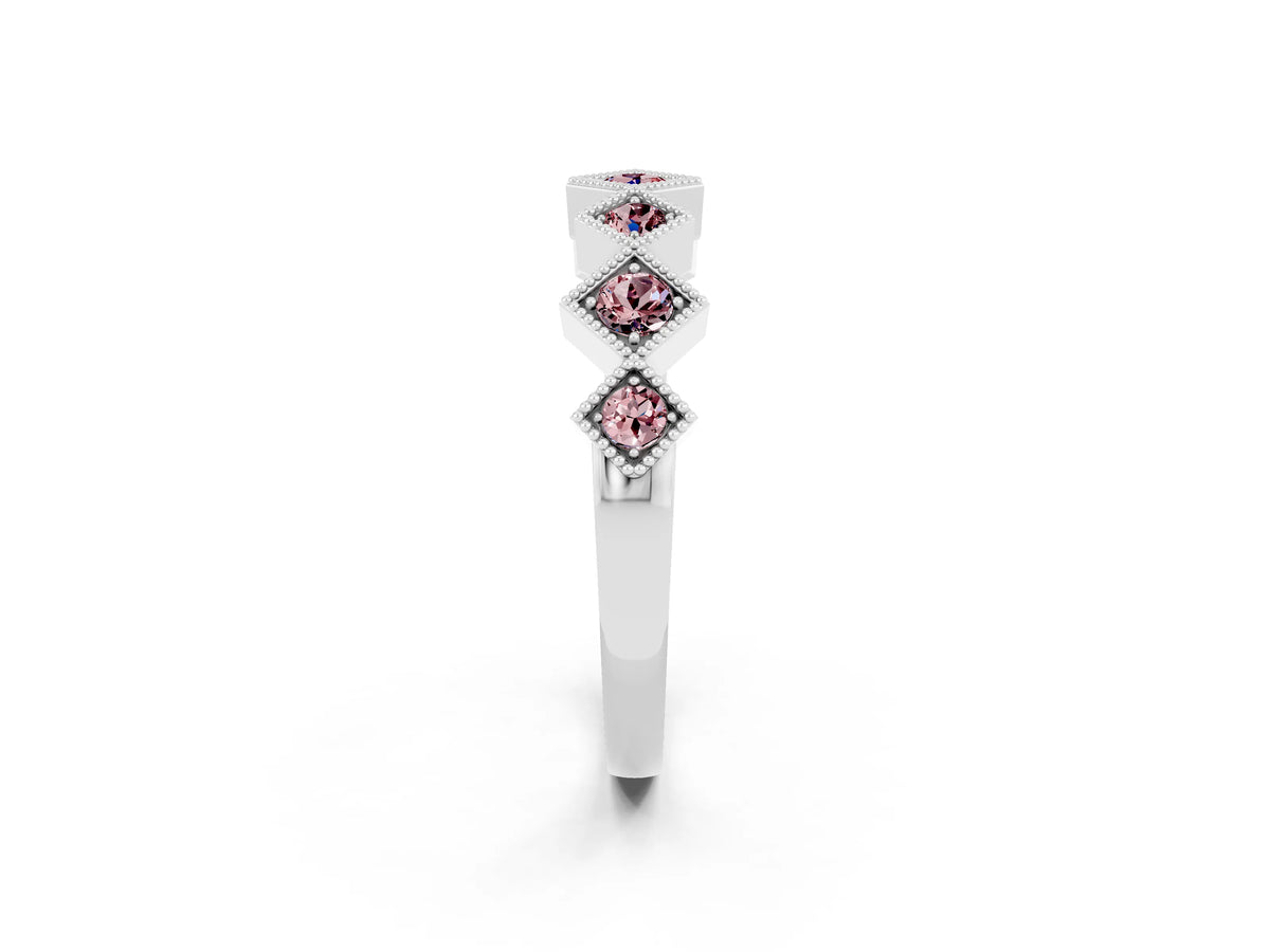 Round Morganite Square Bezel Chevron Band in White gold with Milgrain Detailing_2