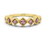 Round Morganite Square Bezel Chevron Band in Yellow gold with Milgrain Detailing