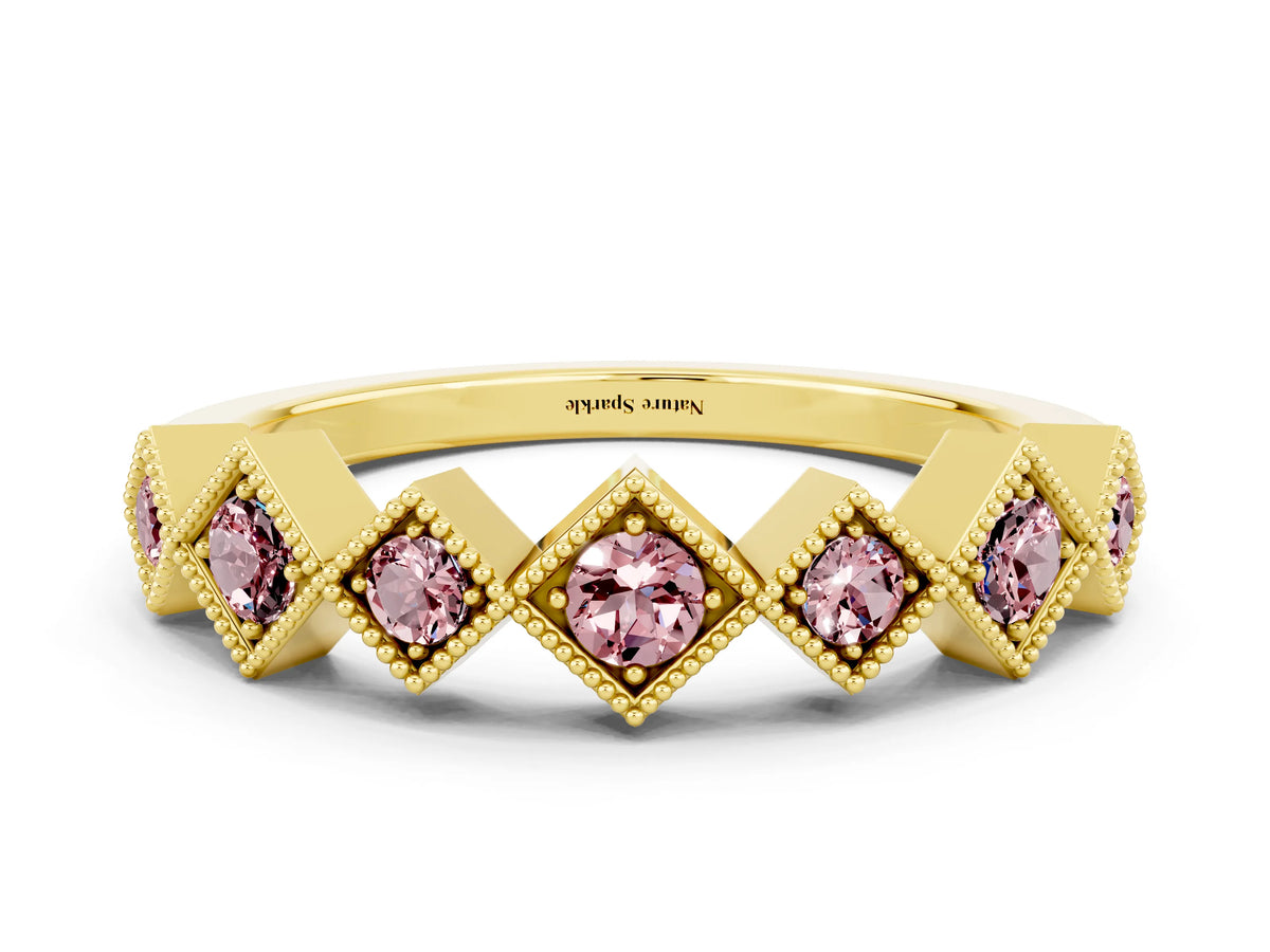 Round Morganite Square Bezel Chevron Band in Yellow gold with Milgrain Detailing
