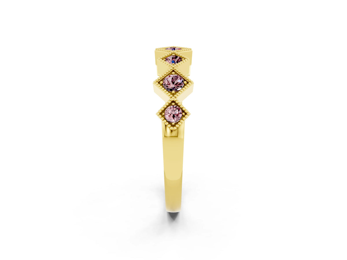 Round Morganite Square Bezel Chevron Band in Yellow gold with Milgrain Detailing_2