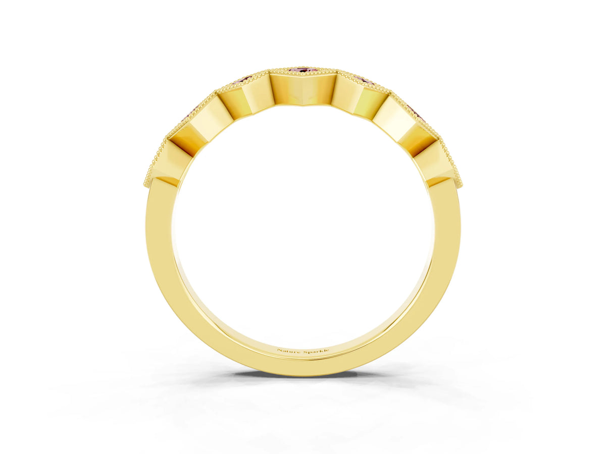 Round Morganite Square Bezel Chevron Band in Yellow gold with Milgrain Detailing_3