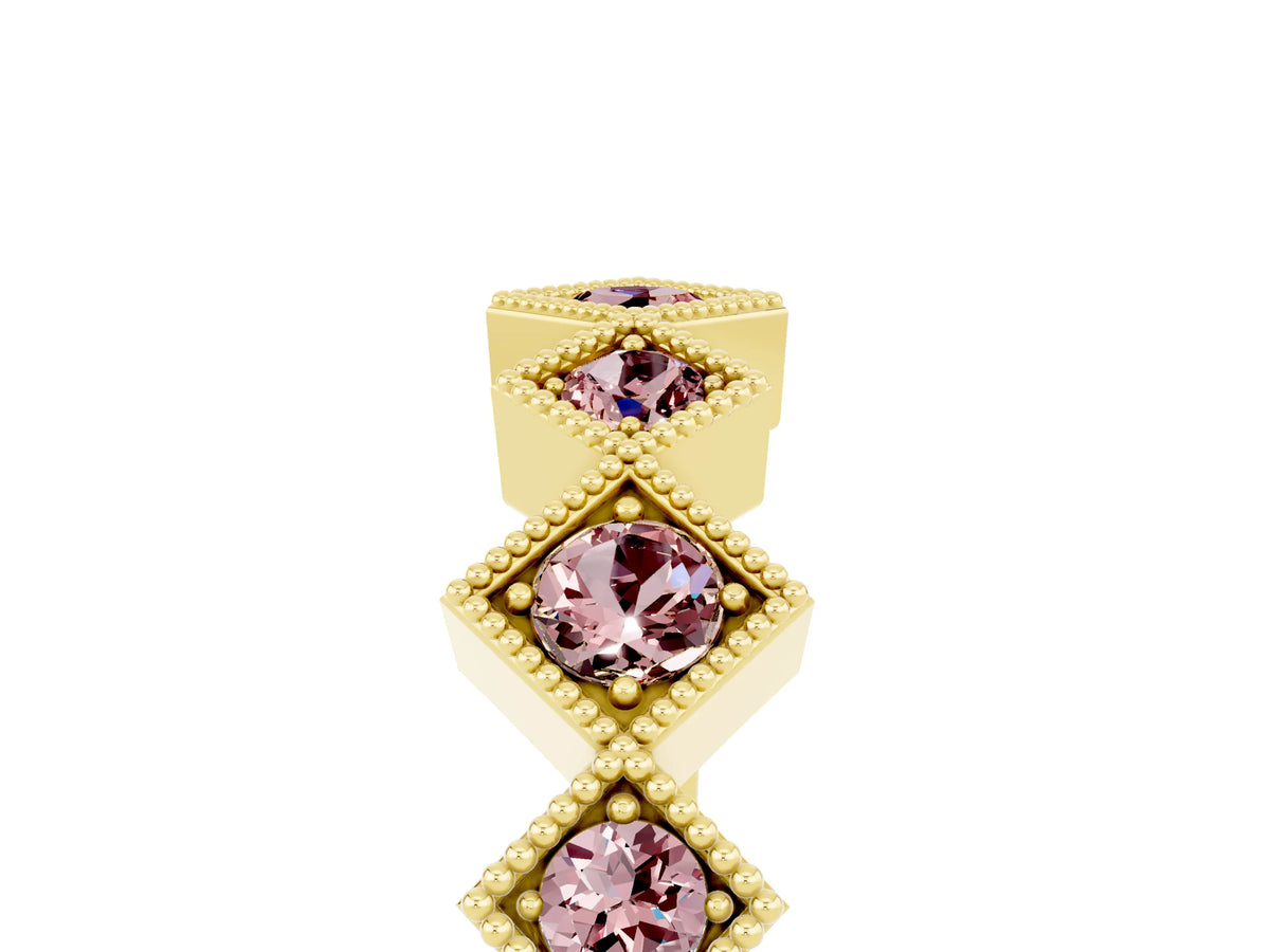 Round Morganite Square Bezel Chevron Band in Yellow gold with Milgrain Detailing_5