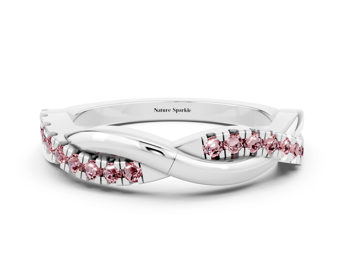 Round Morganite Twisted Infinity Band in Silver with Prong Setting