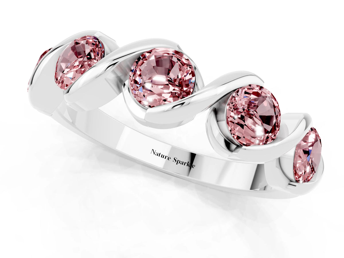 Round Morganite Wave Band in Silver with Channel Setting and Shared Prongs_1