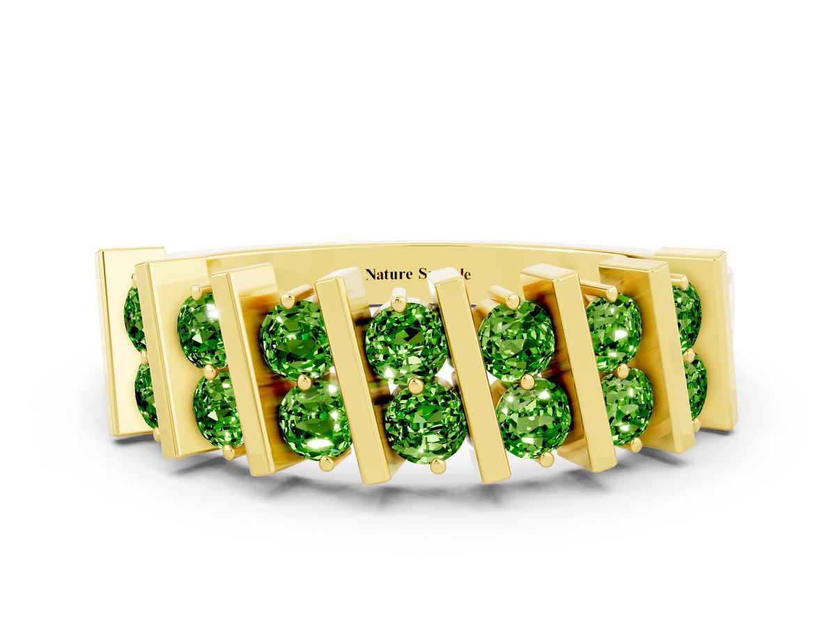 Round Peridot Anniversary Band in Yellow gold with Channel Setting and Vertical Prongs