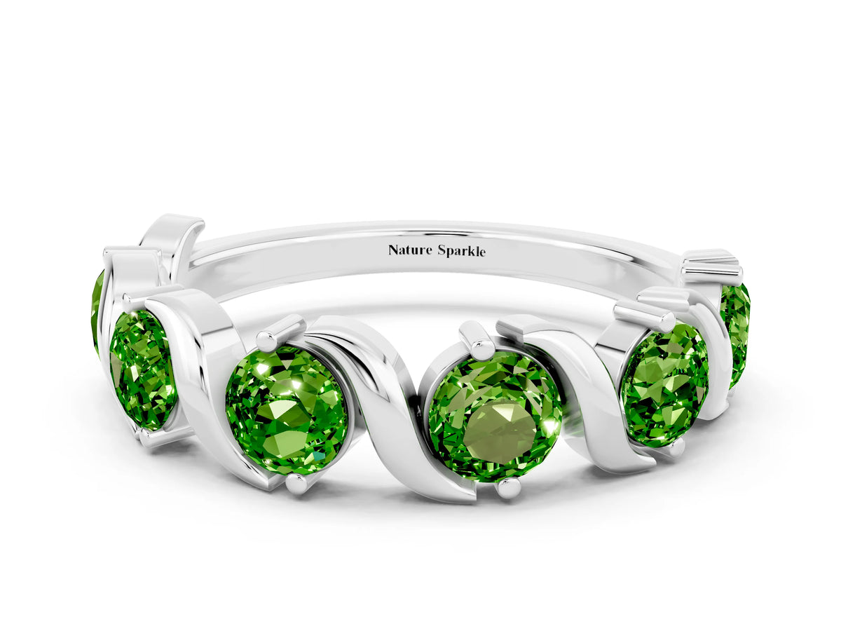 Round Peridot Half Eternity Band in Silver with Wave Prong Setting