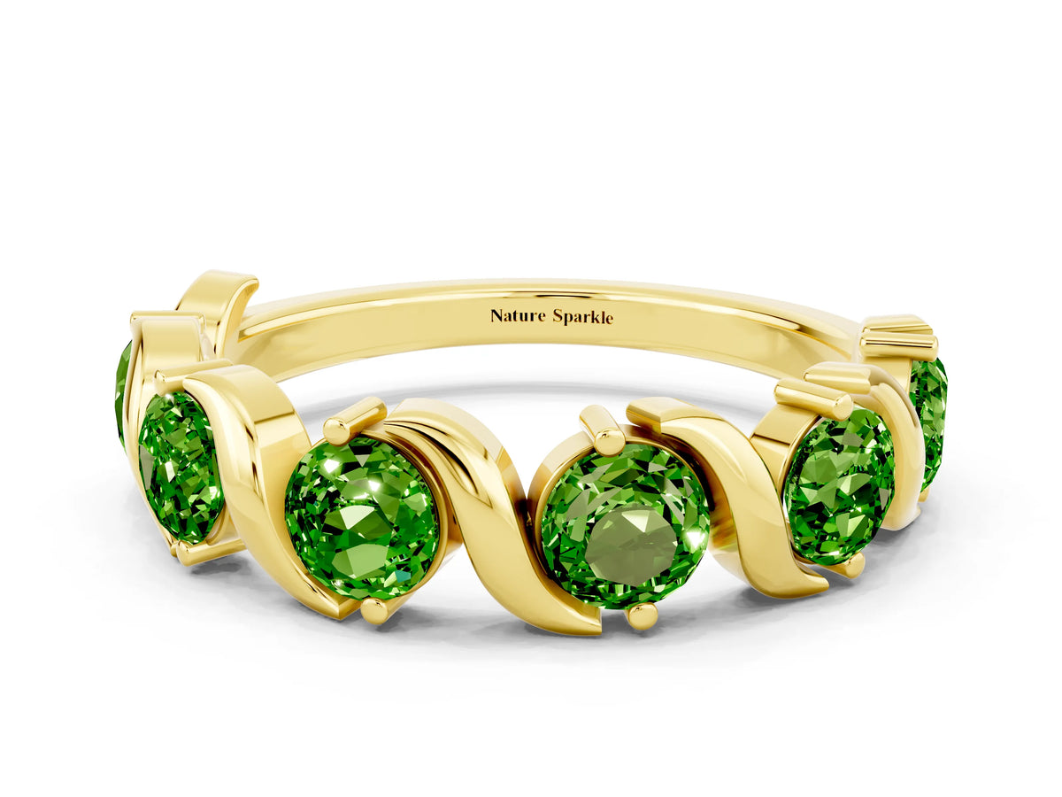 Round Peridot Half Eternity Band in Yellow gold with Wave Prong Setting