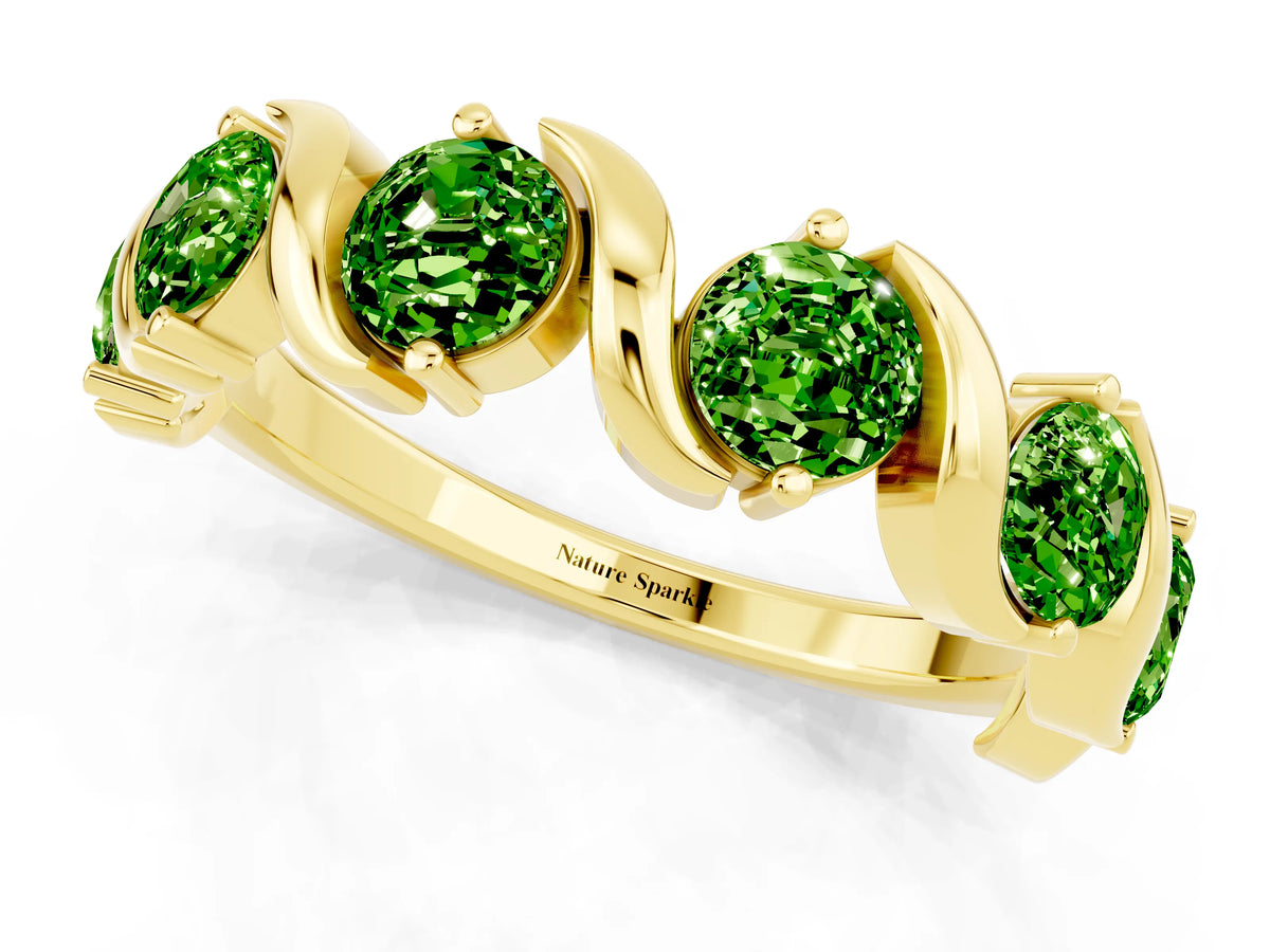 Round Peridot Half Eternity Band in Yellow gold with Wave Prong Setting_1