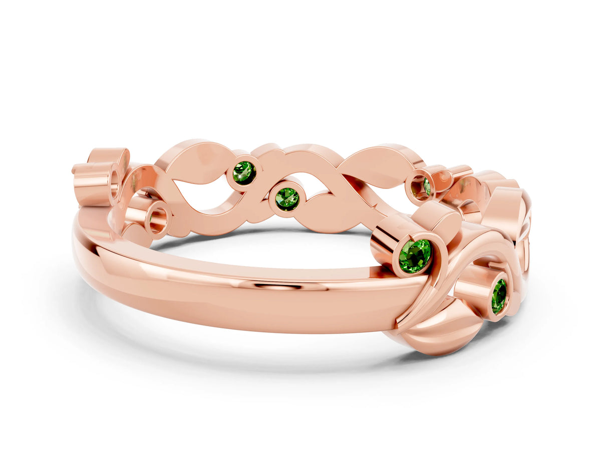 Round Peridot Leaf Motif Eternity Band in Rose gold with Bezel Setting
