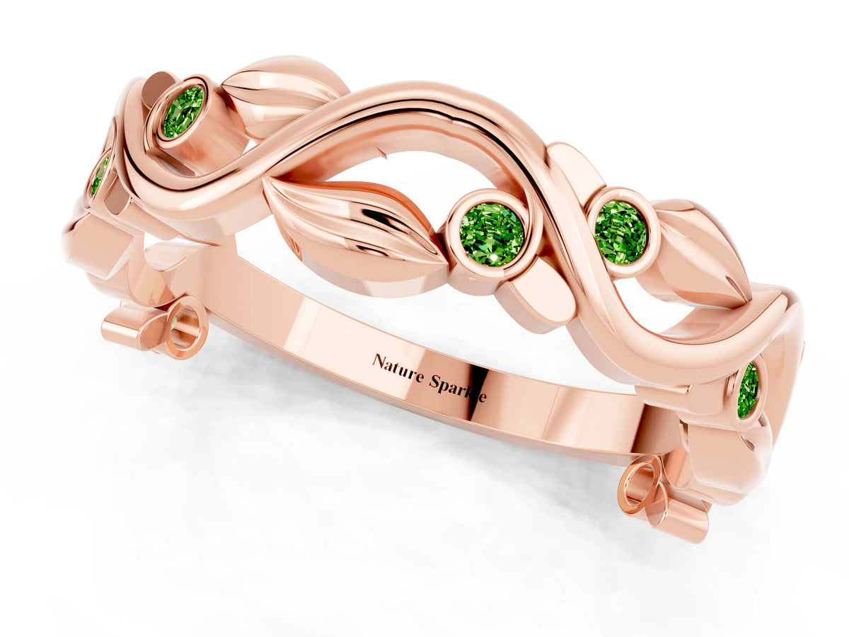 Round Peridot Leaf Motif Eternity Band in Rose gold with Bezel Setting_1