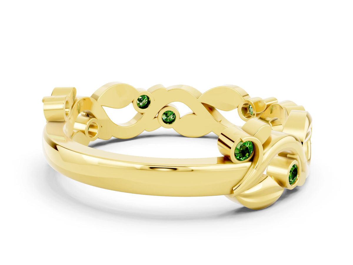 Round Peridot Leaf Motif Eternity Band in Yellow gold with Bezel Setting