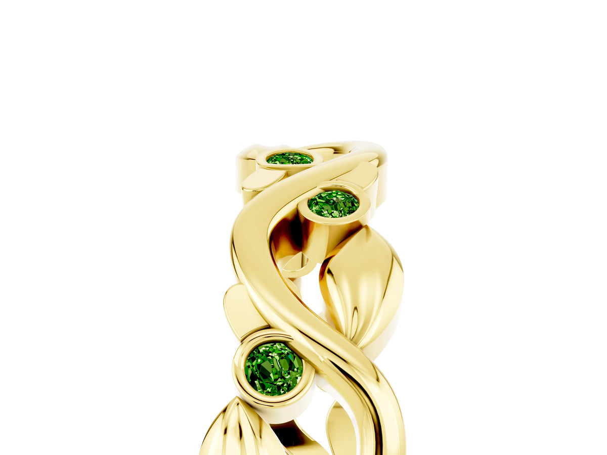 Round Peridot Leaf Motif Eternity Band in Yellow gold with Bezel Setting_5