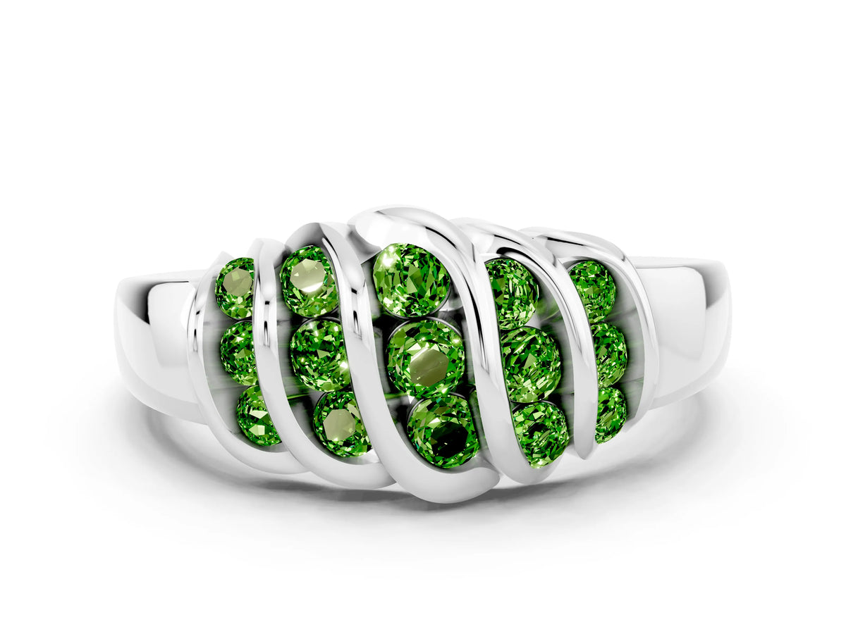 Round Peridot Multi-Row Crossover Band in Silver with Polished Curves