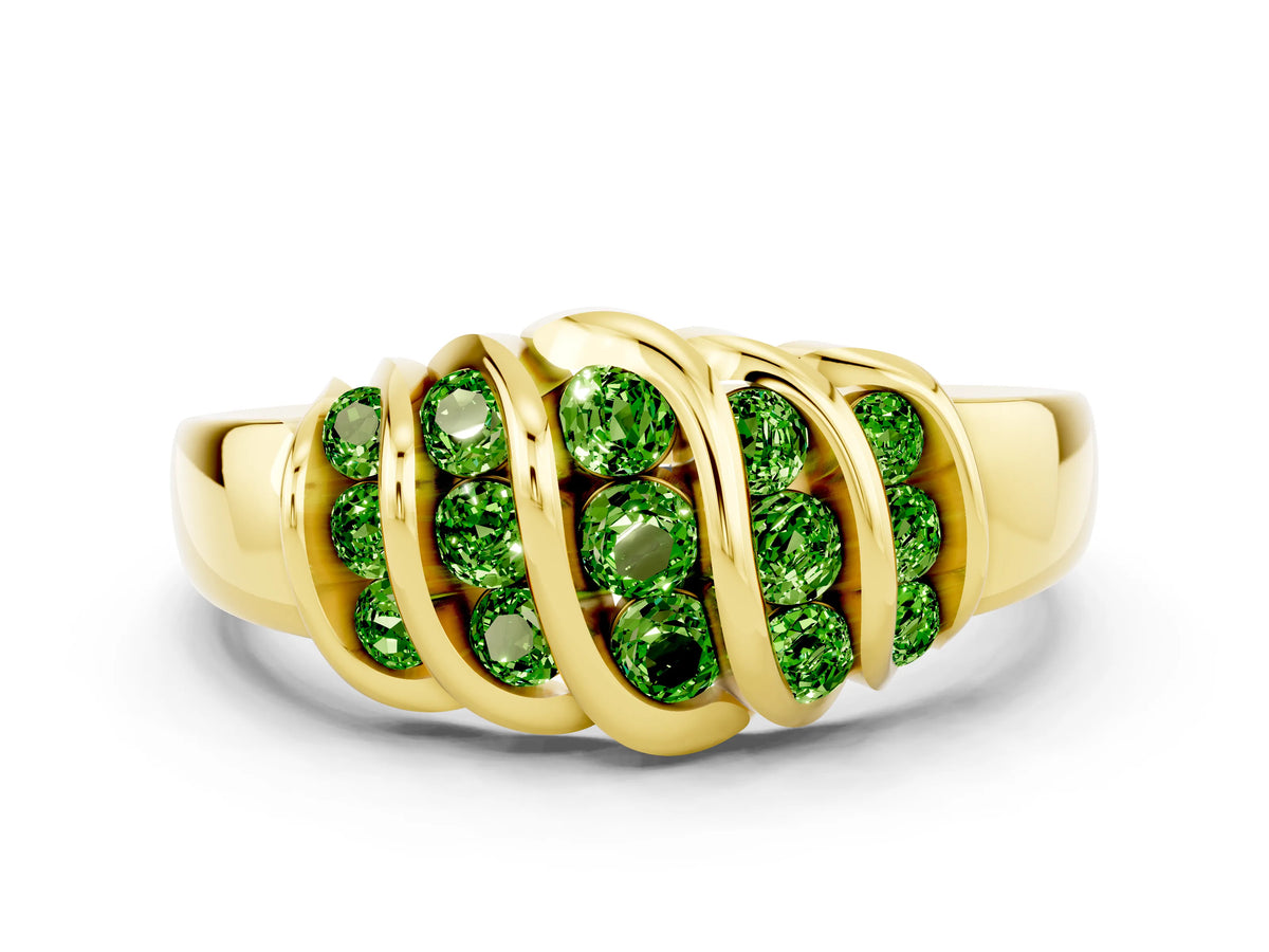 Round Peridot Multi-Row Crossover Band in Yellow gold with Polished Curves