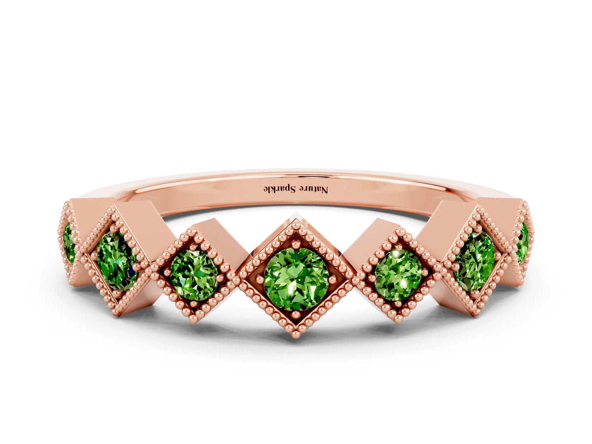 Round Peridot Square Bezel Chevron Band in Rose gold with Milgrain Detailing