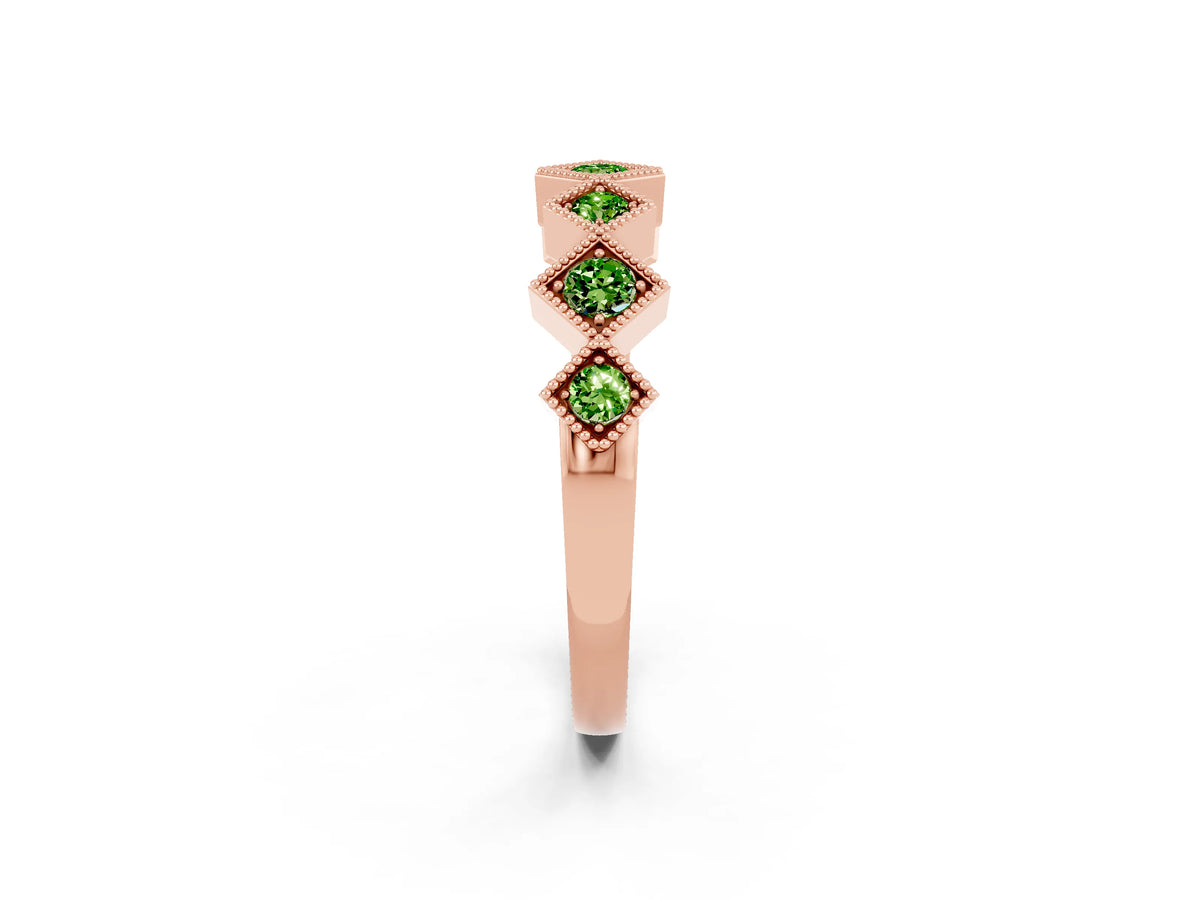 Round Peridot Square Bezel Chevron Band in Rose gold with Milgrain Detailing_2