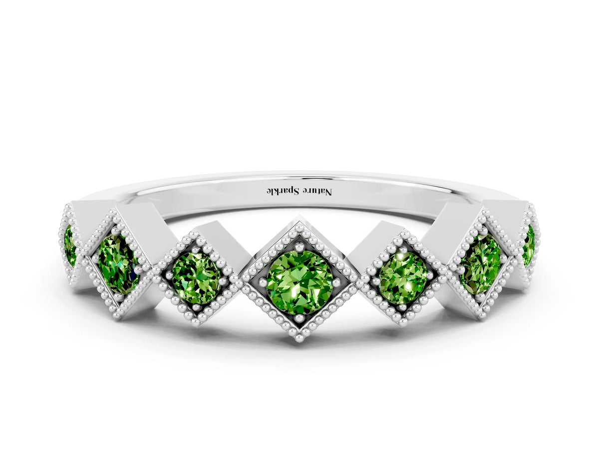 Round Peridot Square Bezel Chevron Band in Silver with Milgrain Detailing