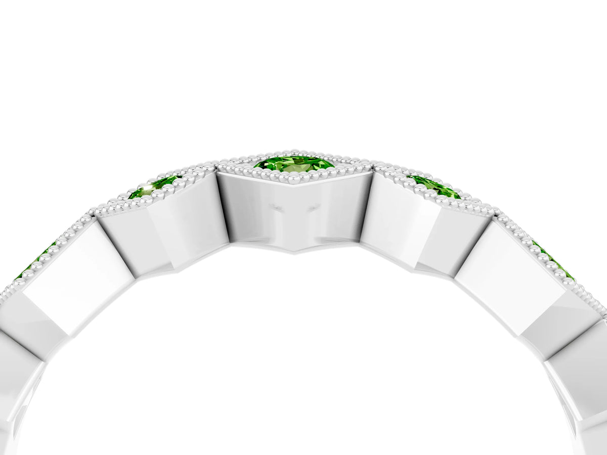 Round Peridot Square Bezel Chevron Band in Silver with Milgrain Detailing_4