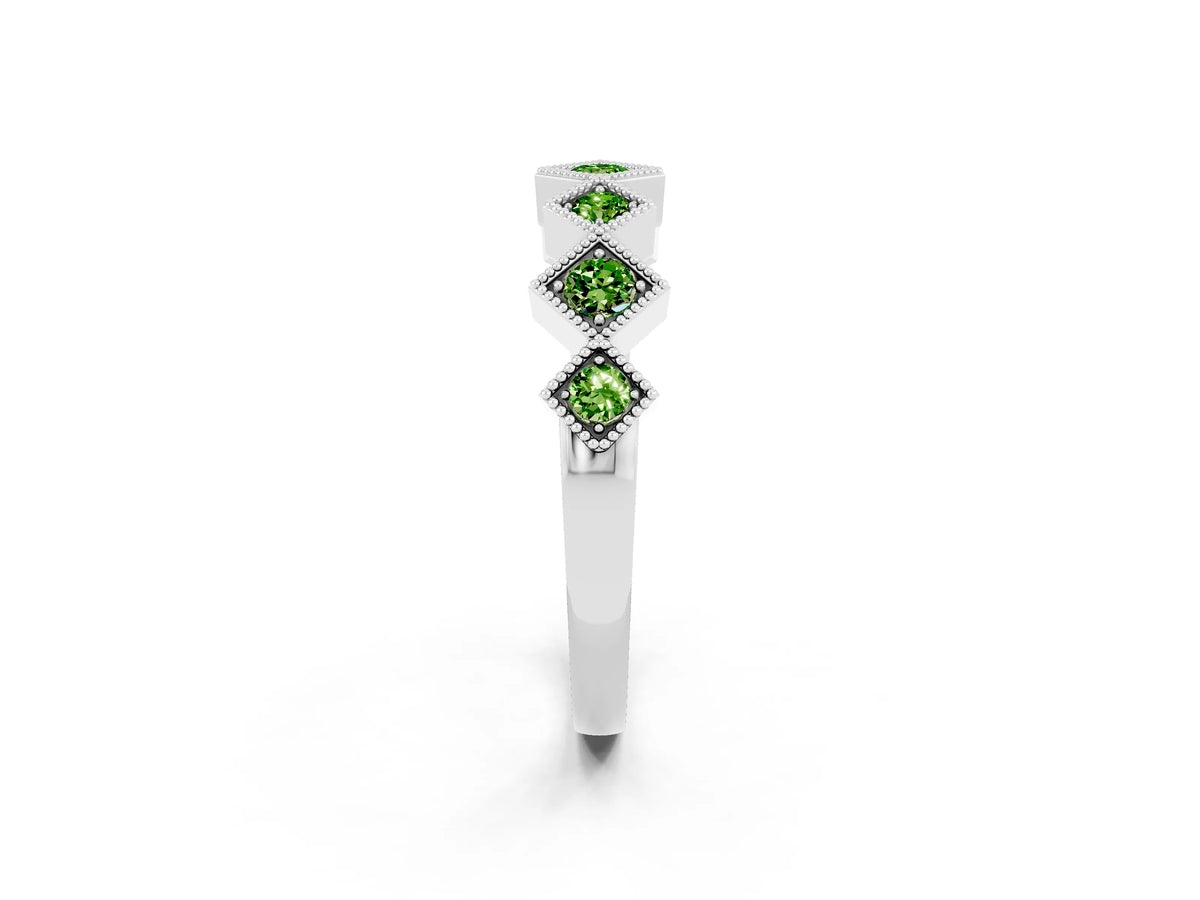 Round Peridot Square Bezel Chevron Band in White gold with Milgrain Detailing_2