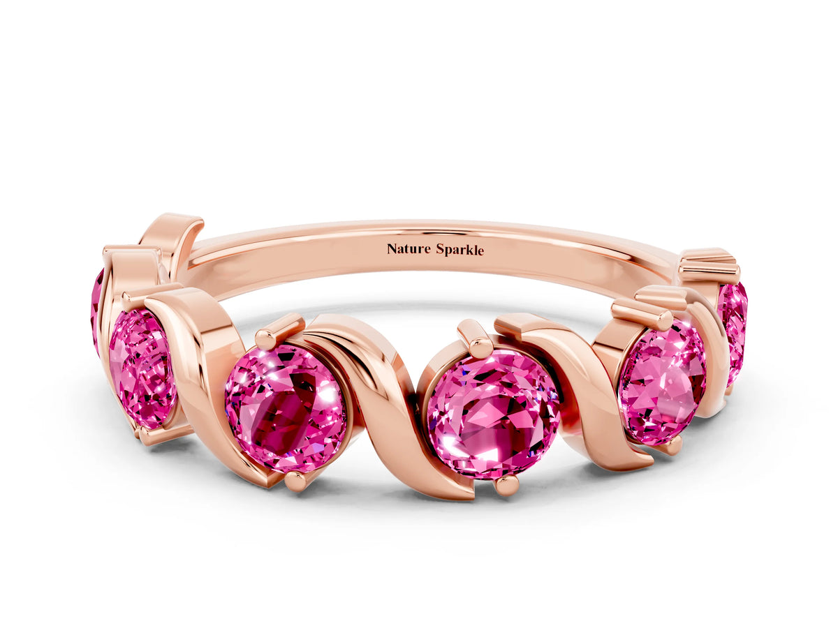 Round Pink Sapphire Half Eternity Band in Rose gold with Wave Prong Setting