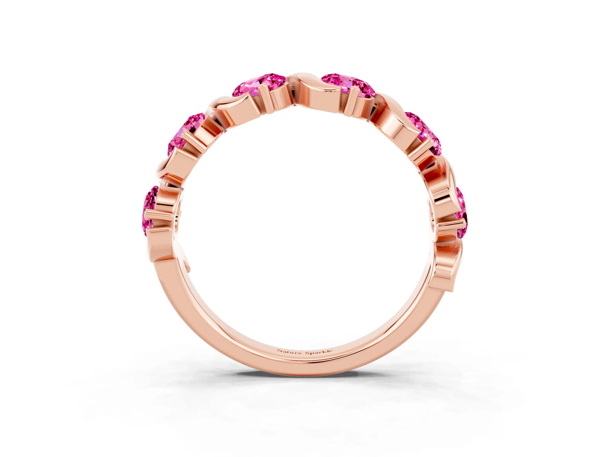 Round Pink Sapphire Half Eternity Band in Rose gold with Wave Prong Setting_3
