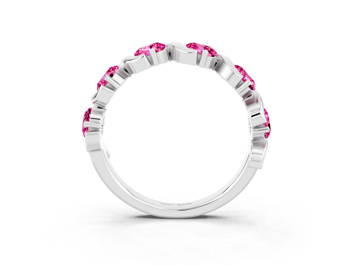 Round Pink Sapphire Half Eternity Band in Silver with Wave Prong Setting_3