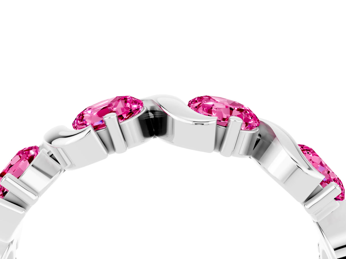 Round Pink Sapphire Half Eternity Band in Silver with Wave Prong Setting_4