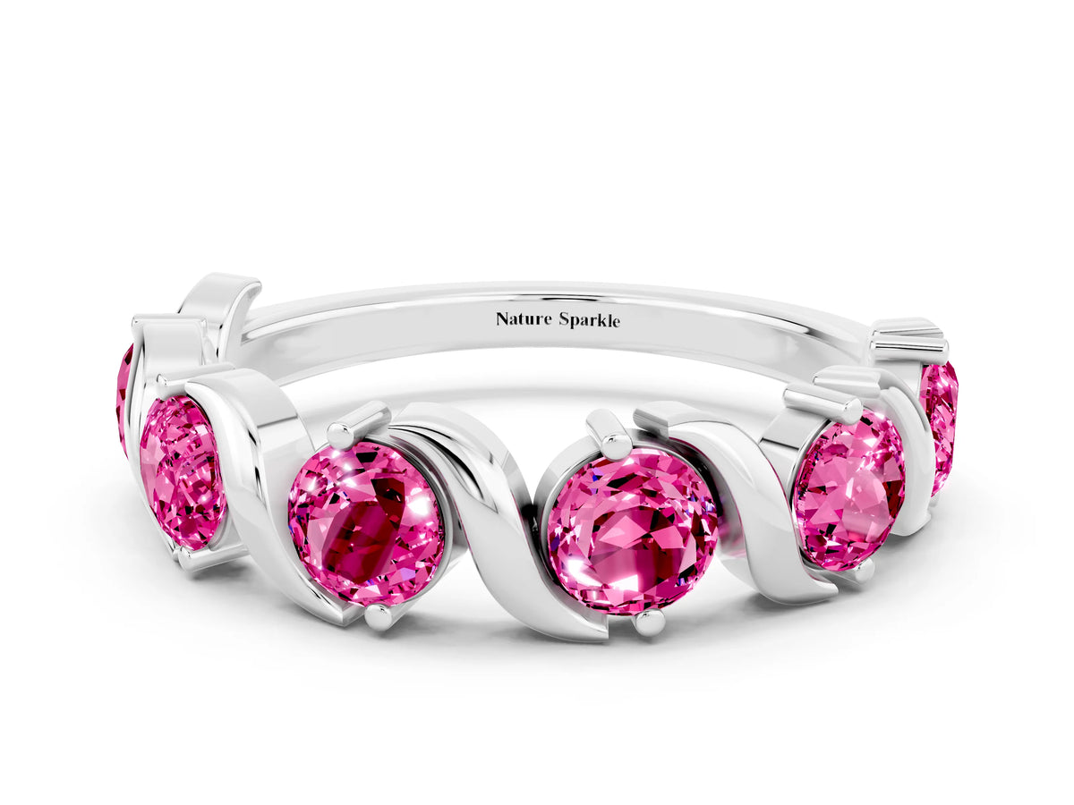 Round Pink Sapphire Half Eternity Band in White gold with Wave Prong Setting