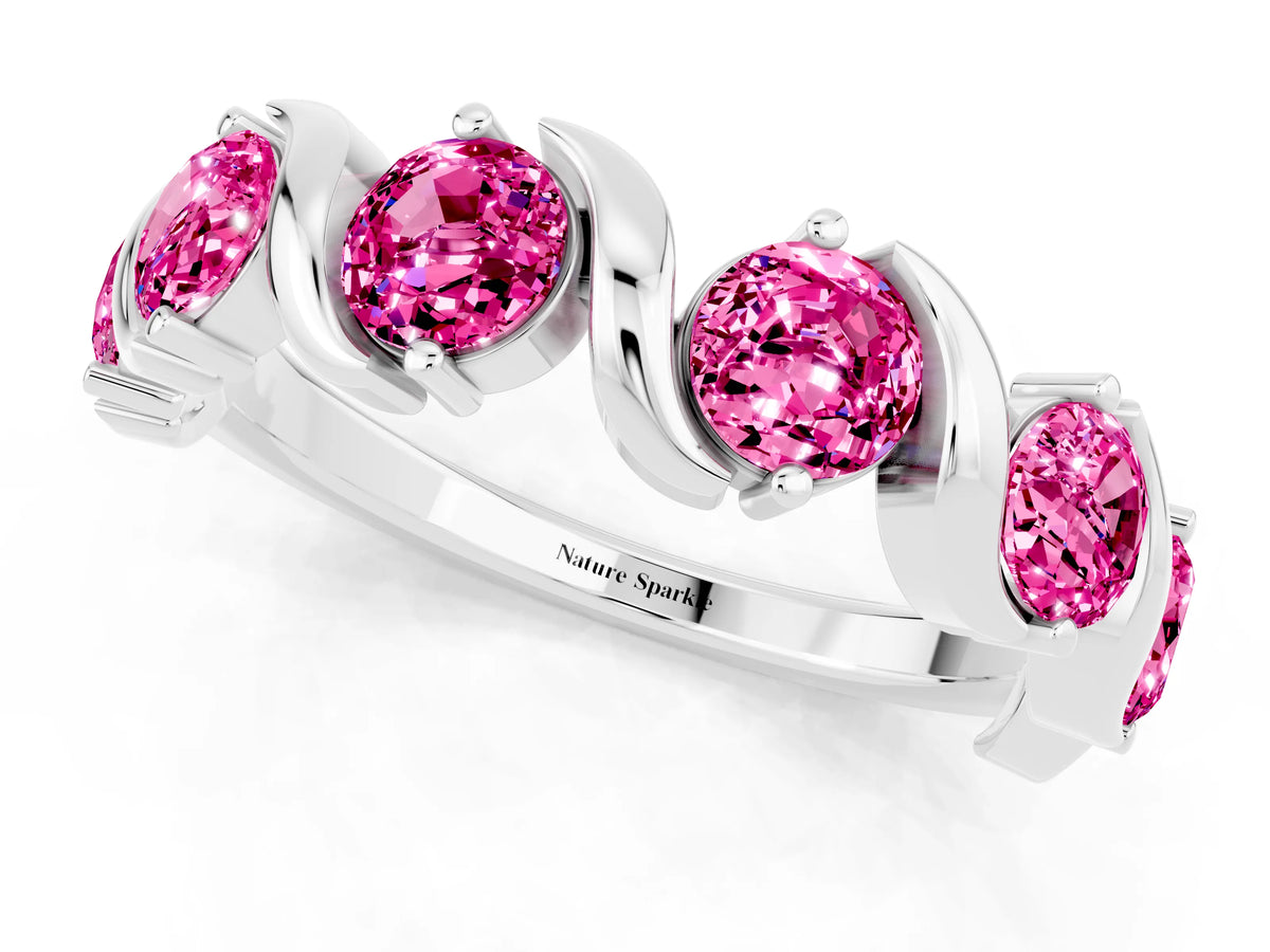 Round Pink Sapphire Half Eternity Band in White gold with Wave Prong Setting_1