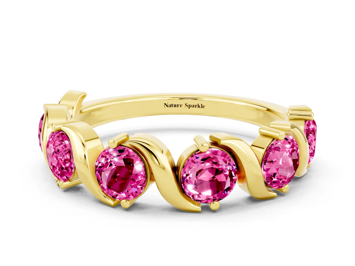 Round Pink Sapphire Half Eternity Band in Yellow gold with Wave Prong Setting