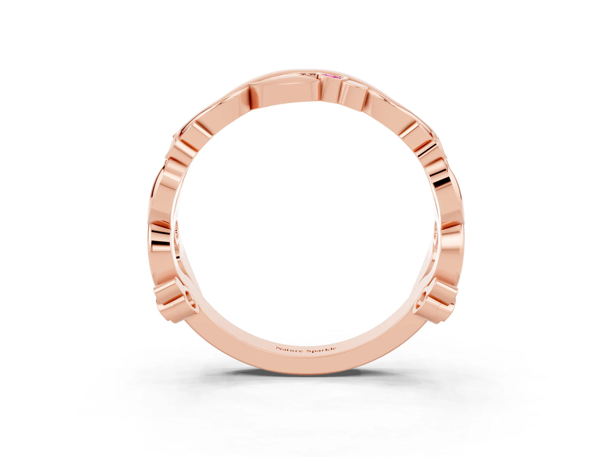 Round Pink Sapphire Leaf Motif Eternity Band in Rose gold with Bezel Setting_3