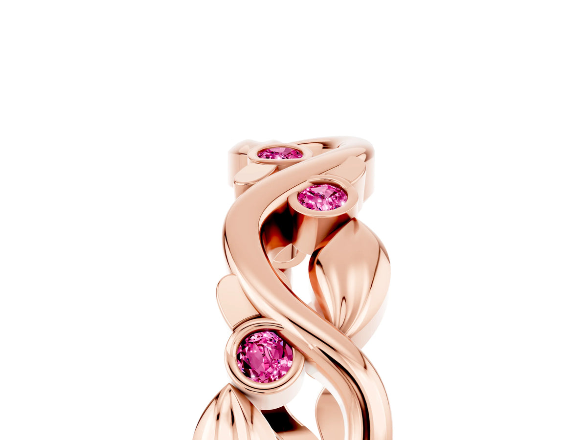 Round Pink Sapphire Leaf Motif Eternity Band in Rose gold with Bezel Setting_5