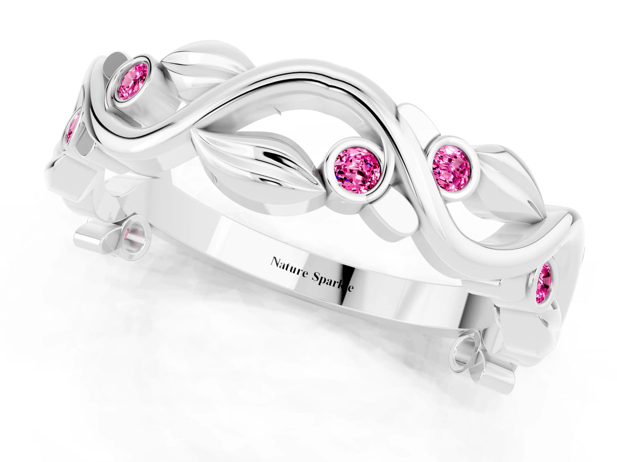 Round Pink Sapphire Leaf Motif Eternity Band in Silver with Bezel Setting_1