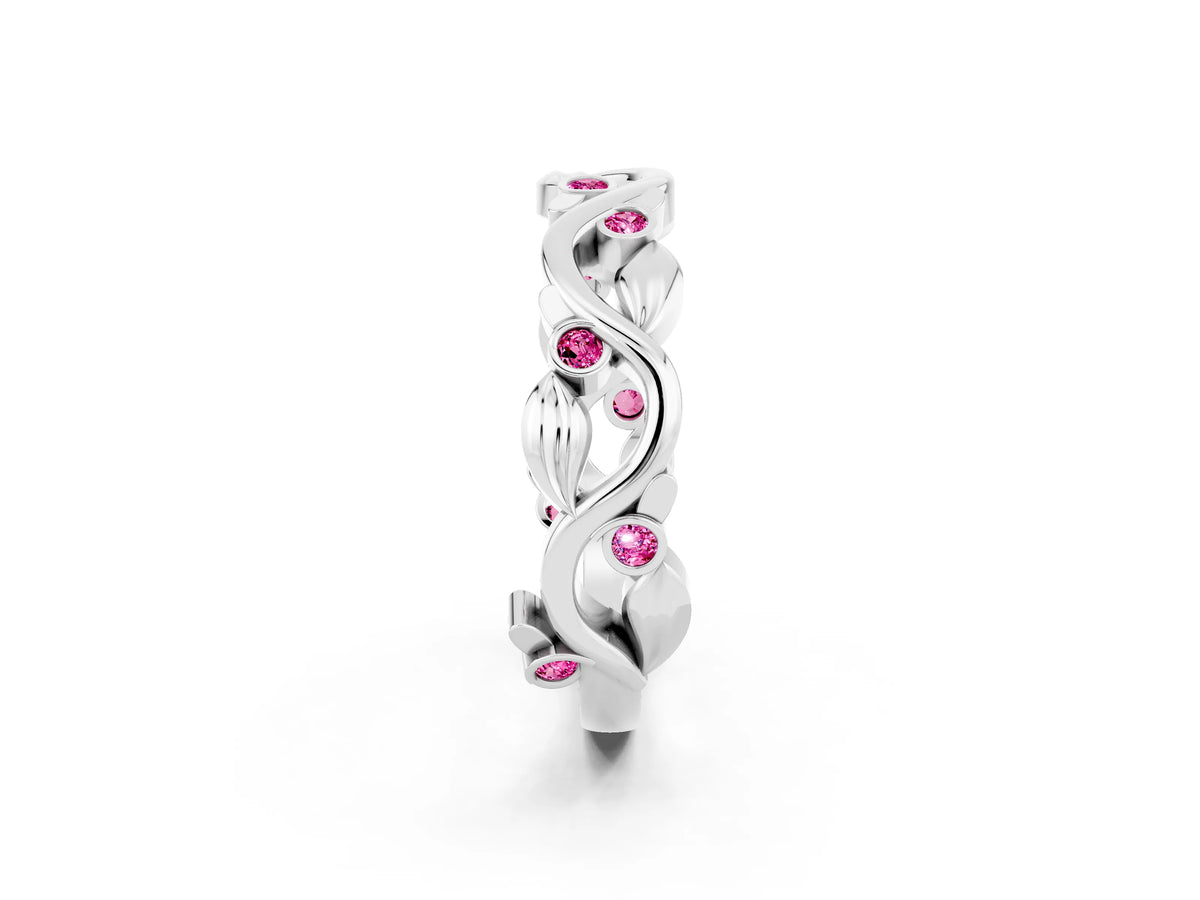 Round Pink Sapphire Leaf Motif Eternity Band in Silver with Bezel Setting_2
