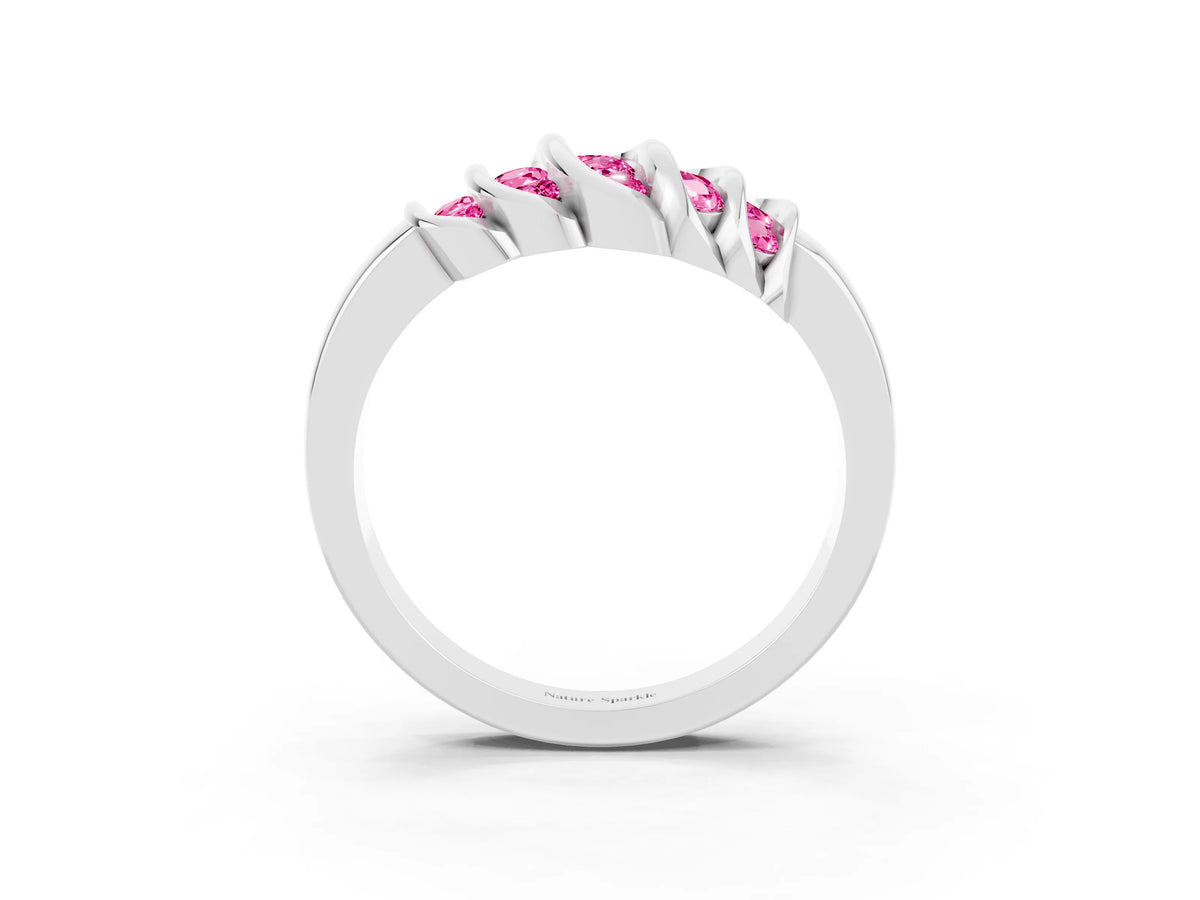 Round Pink Sapphire Multi-Row Crossover Band in Platinum with Polished Curves_3