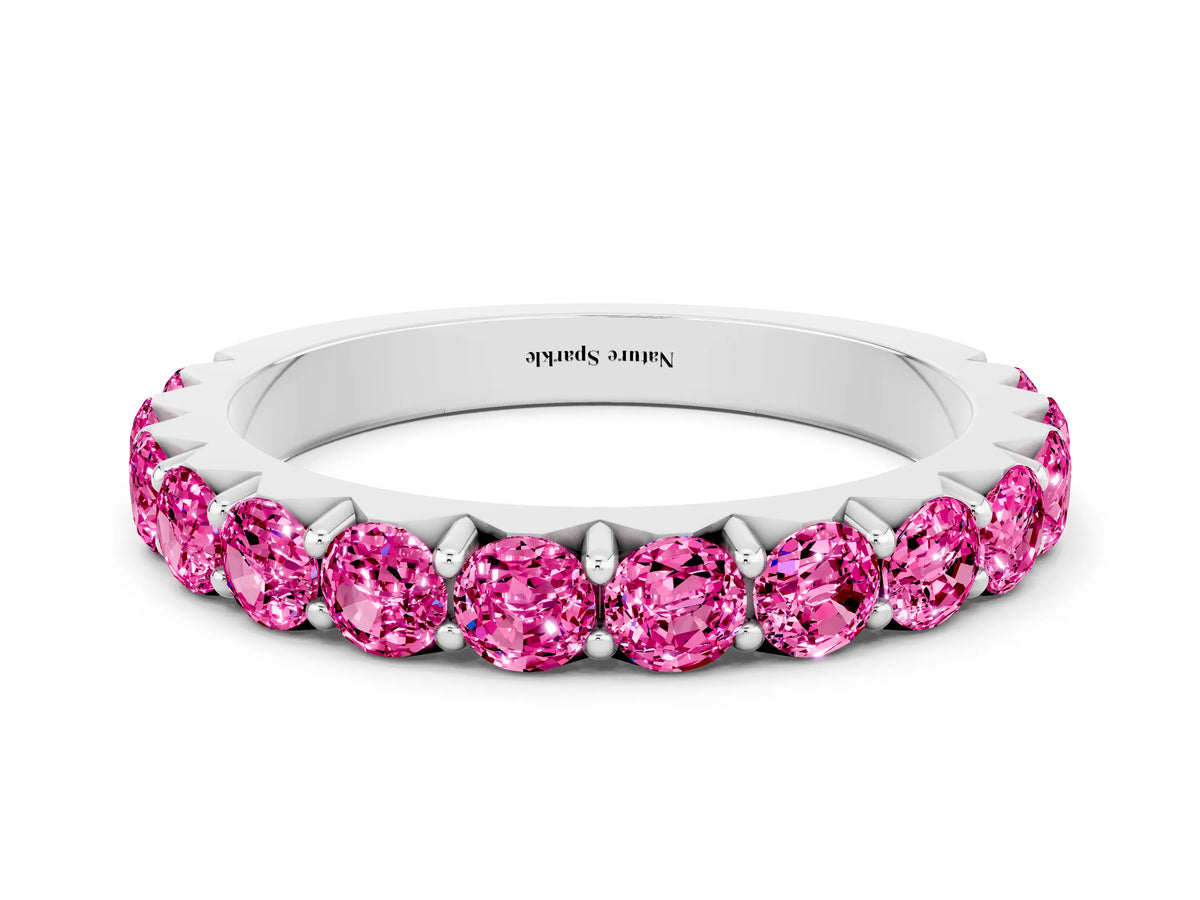 Round Pink Sapphire Polished Half Eternity Band in Platinum with Classic Prong Setting