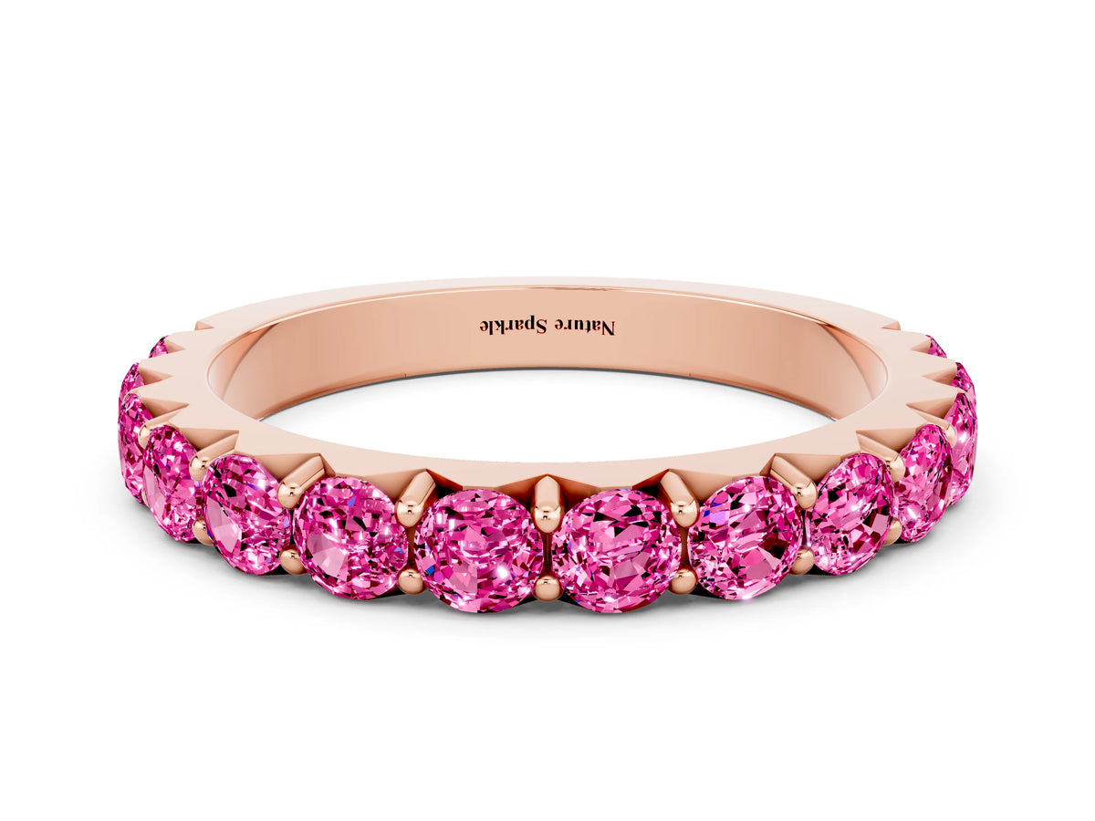 Round Pink Sapphire Polished Half Eternity Band in Rose gold with Classic Prong Setting