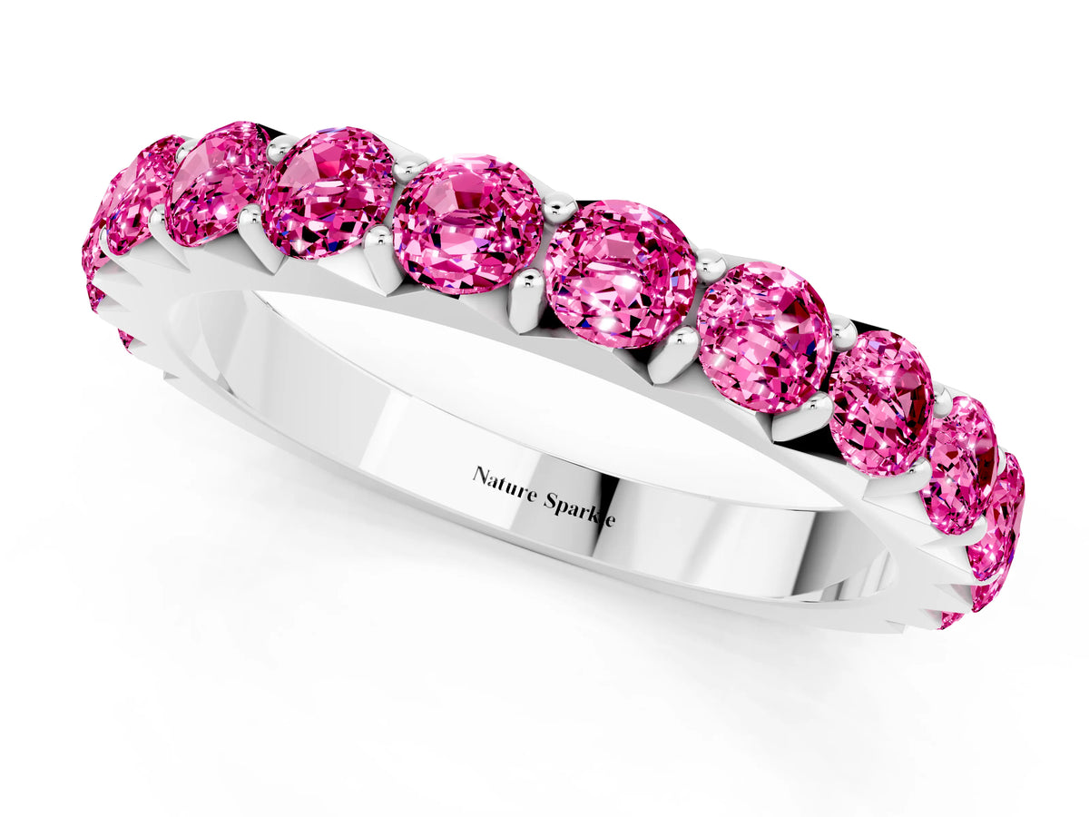 Round Pink Sapphire Polished Half Eternity Band in Silver with Classic Prong Setting_1