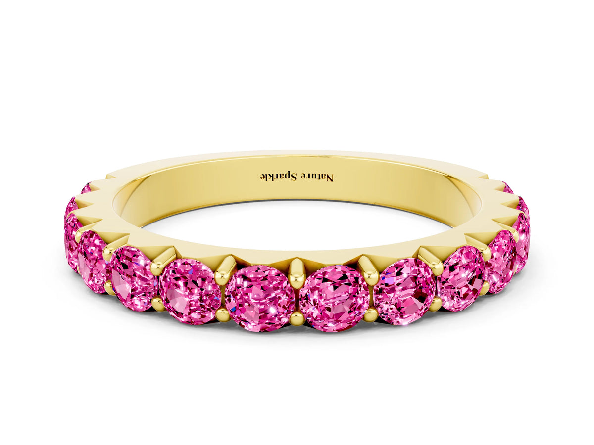 Round Pink Sapphire Polished Half Eternity Band in Yellow gold with Classic Prong Setting