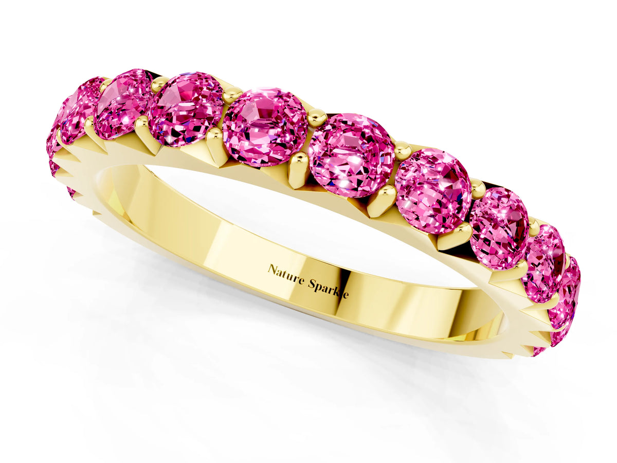 Round Pink Sapphire Polished Half Eternity Band in Yellow gold with Classic Prong Setting_1
