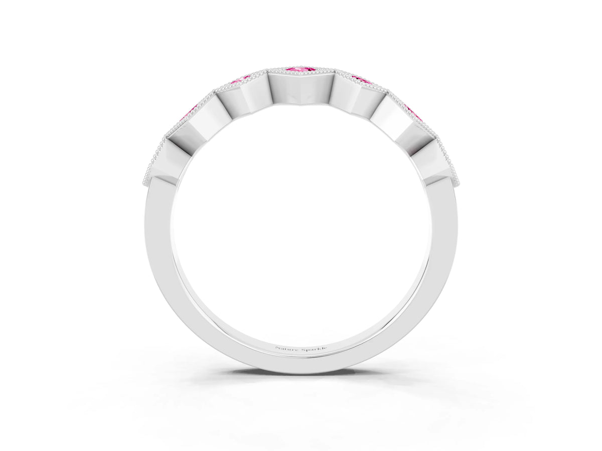 Round Pink Sapphire Square Bezel Chevron Band in Platinum with Milgrain Detailing_3