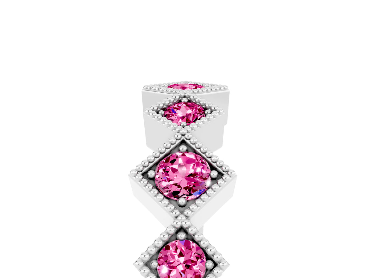 Round Pink Sapphire Square Bezel Chevron Band in Platinum with Milgrain Detailing_5
