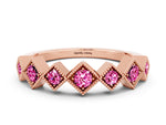 Round Pink Sapphire Square Bezel Chevron Band in Rose gold with Milgrain Detailing