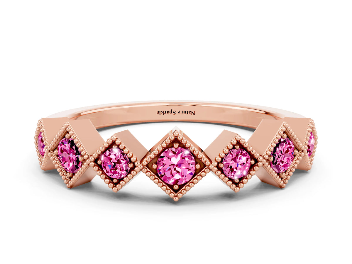 Round Pink Sapphire Square Bezel Chevron Band in Rose gold with Milgrain Detailing