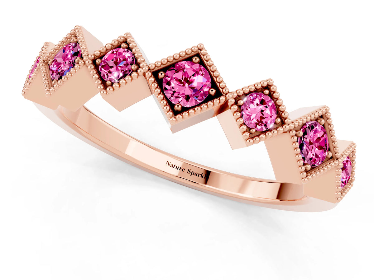 Round Pink Sapphire Square Bezel Chevron Band in Rose gold with Milgrain Detailing_1