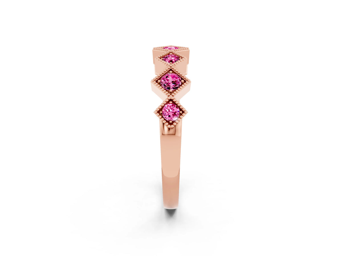 Round Pink Sapphire Square Bezel Chevron Band in Rose gold with Milgrain Detailing_2