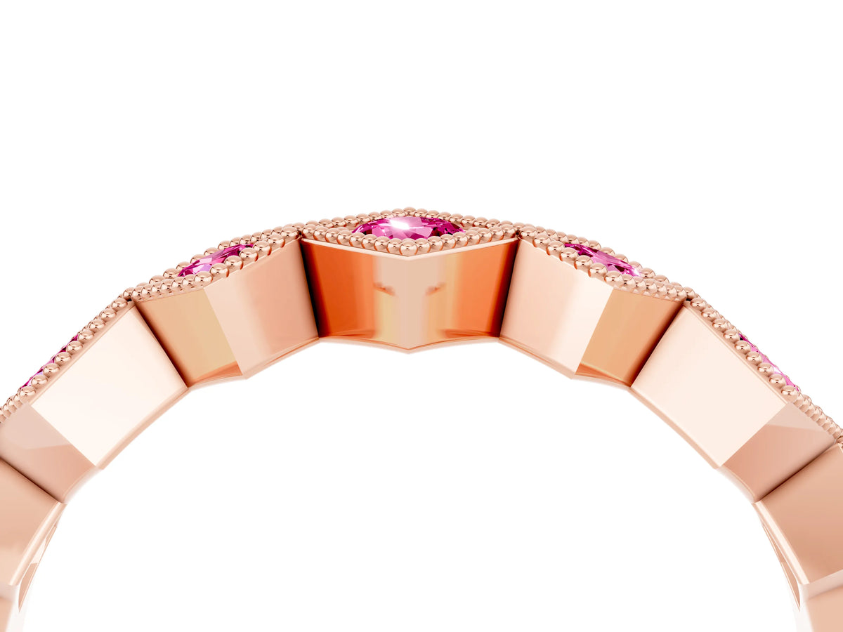 Round Pink Sapphire Square Bezel Chevron Band in Rose gold with Milgrain Detailing_4