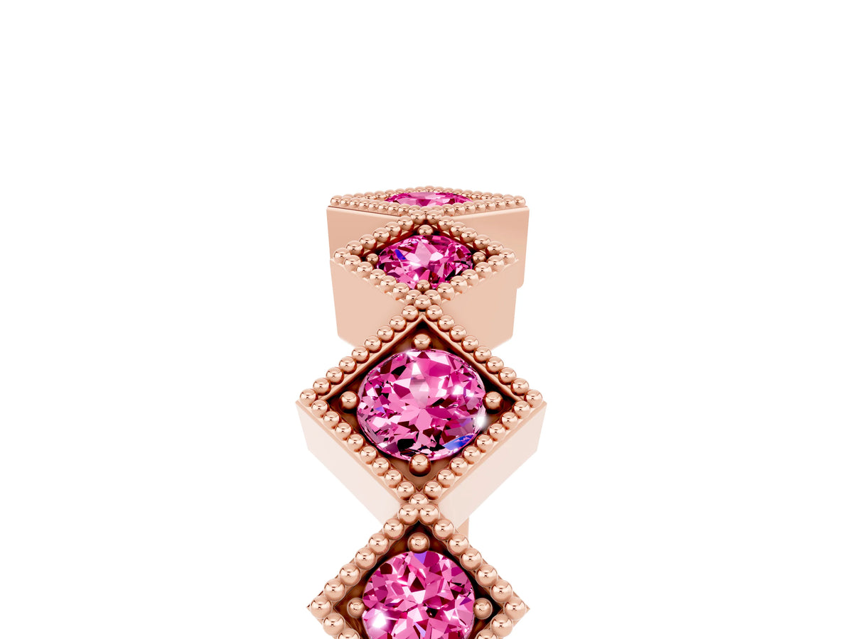 Round Pink Sapphire Square Bezel Chevron Band in Rose gold with Milgrain Detailing_5