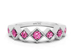 Round Pink Sapphire Square Bezel Chevron Band in White gold with Milgrain Detailing